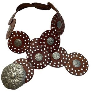 Vintage Wide Concho Disc Leather Belt Brown Silver Stud Western Boho 42" Adjust.